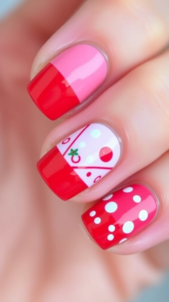 Christmas Nail Art: Short Pink and Red Design Short pink and red Christmas nails with festive designs, displayed against a blurred background.